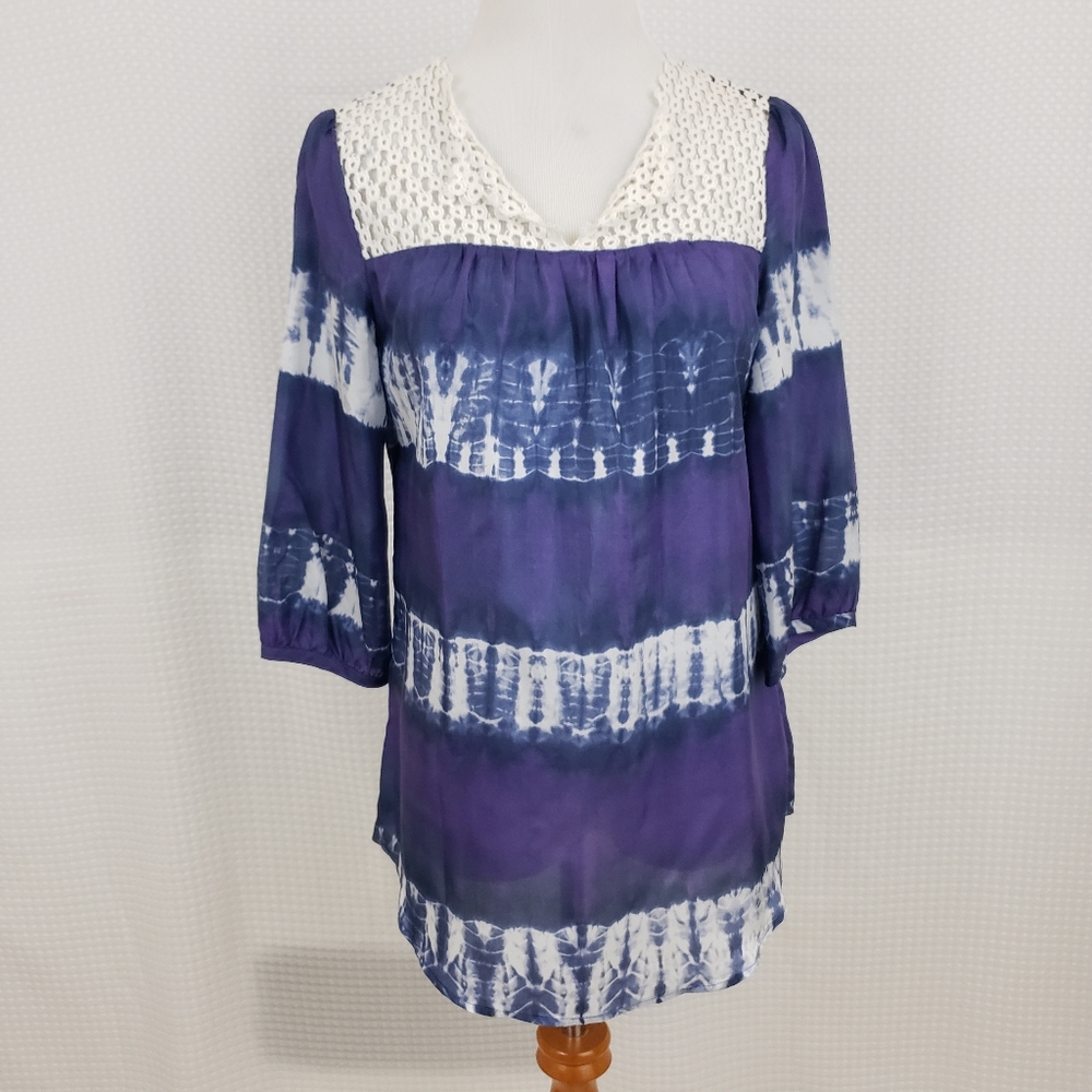 Calypso St Barth Target Silk Tunic Top Blue Purple Crochet Boho size XS Beachy
